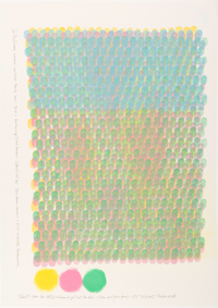 WV6272, FA, 2er-Rhythmus, hellgelb, hellgr&uuml;n, hellmagenta, hellblau, mehrschichtig, versetzt mit Farbpubkten, o.J., &Ouml;l auf Papier, 53 x 38 cm